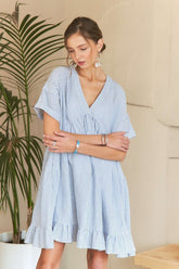 ADORA Ruffled Hem Striped V-Neck Babydoll Dress OutfitFlow